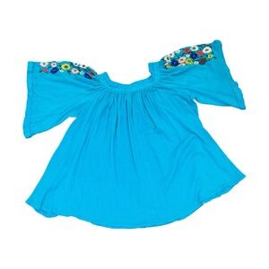 JUDITH MARCH Boho Teal  Floral Embroidered 3/4 Sleeve Top Size Large *see Descr*